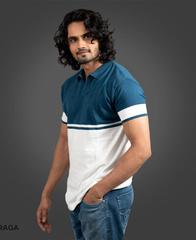 Cotton-T-Shirt-Jersey-Slim-Polo-V-Neck-Half-Sleeves-Teal-Blue-With-White_2