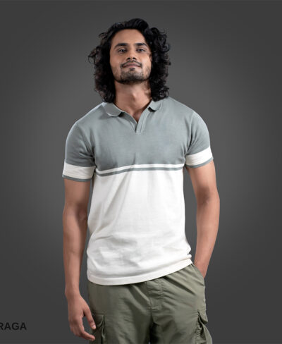 Jersey-Slim-Polo-V-Neck-Half-Sleeves-Light-Olive-With-Off-White