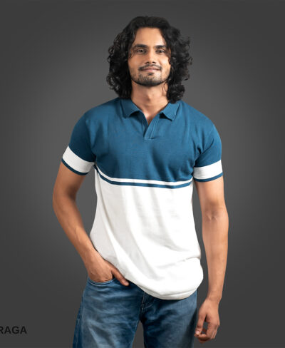 Jersey-Slim-Polo-V-Neck-Half-Sleeves-Teal-Blue-With-White